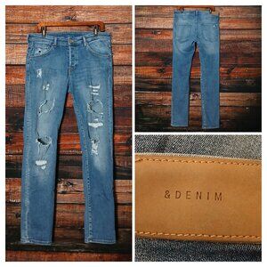 H&M Jeans &Denim Mens 36X32 Skinny Button Fly Distressed Blue Ripped Stretch